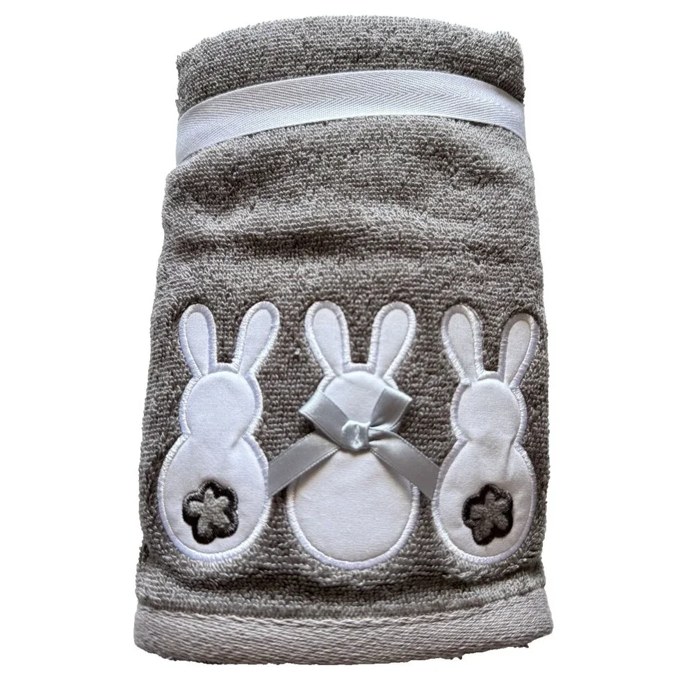 Casaba Hand Towels Easter Appliqued Embroidered White Bunnies Brown Set of 2